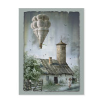 imaginative, man, suprise, fly, mysterious, mood, artwork, art, flying, illustration, rain, digital realism, landscape, cool, fantasy, amazing, surreal, adventure, baloon, countryside, sea, awesome, gift, digital art, unique, birds, surreal art, tower, atmospheric, eerie, something, houk, bestseller, best selling, surrealism, Postcard with custom graphic design