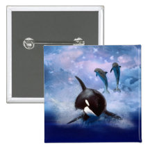 Dreamy Whale and dolphins play Pinback Buttons