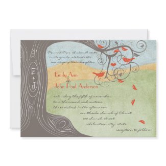 Driftwood Tree Tangerine Birds Wedding Invitations invitation