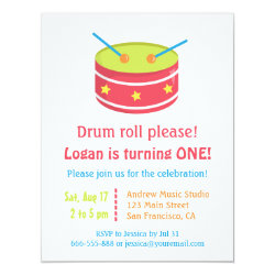 Drum Roll Boy First Birthday Party Invitations 4.25" X 5.5" Invitation Card
