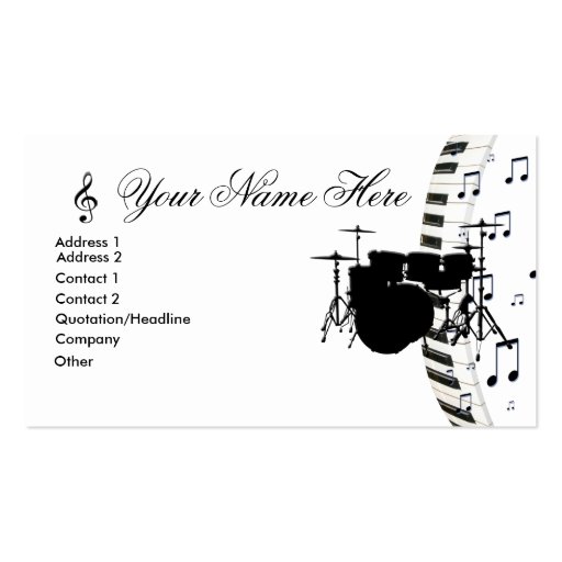 Drum Set Piano Keyboard and Music Notes Business Card Template (front side)