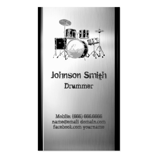 Drummer Drum Set - Brushed Stainless Steel Metal Business Card