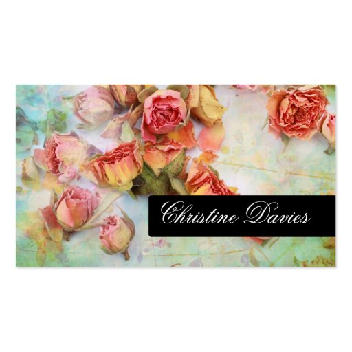 Dry roses on green vintage business card