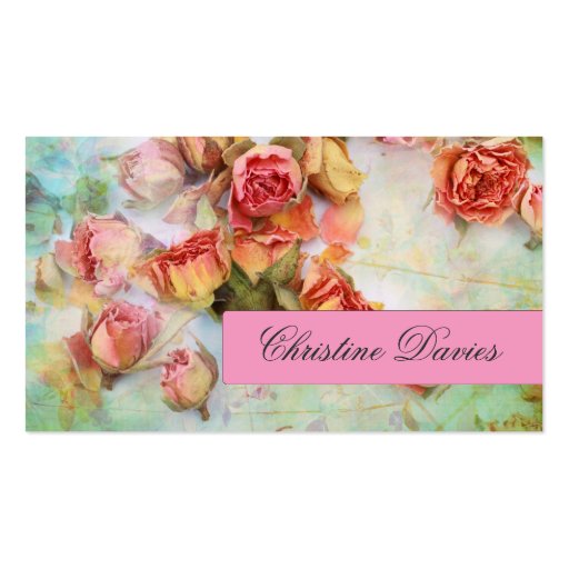 Dry roses on green vintage business card (front side)