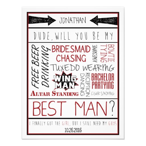 Dude, Will you be my Best Man? Red/Black Collage Custom Announcement