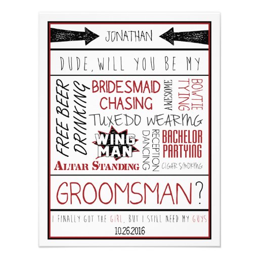 Dude, Will you be my Groomsman? Red/Black Collage Custom Invites
