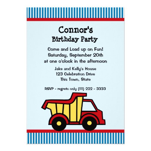Dump Truck and Pin Stripe Birthday Party Custom Announcement