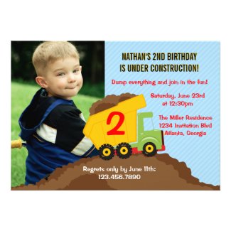 Dump Truck Construction Boy Birthday Party Photo Custom Invitations