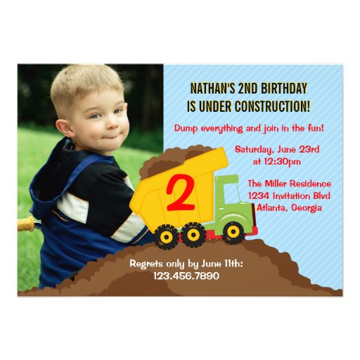 Dump Truck Construction Boy Birthday Party Photo Custom Invitations (front side)