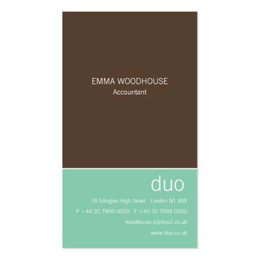 Duo Vertical Chocolate Brown & Mint Business Card Template (front side)