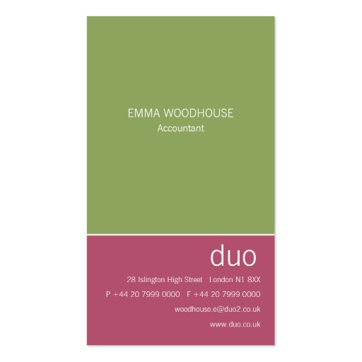 Duo Vertical Cyclamen Pink & Green Business Cards (front side)