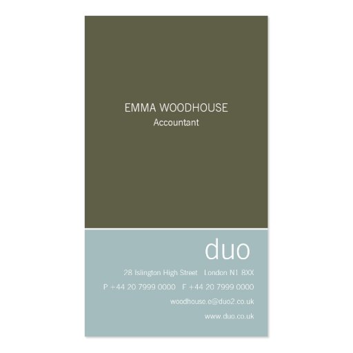 Duo Vertical Light Blue & Dark Olive Business Card (front side)