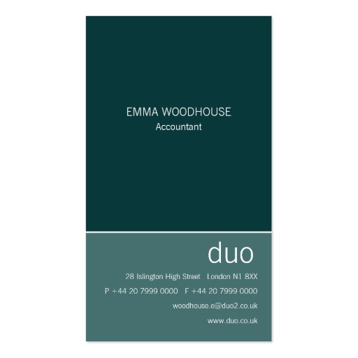 Duo Vertical Teal Business Cards (front side)