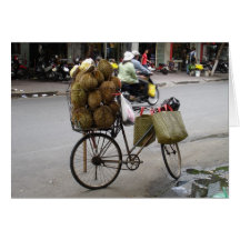 Durian para la venta en una bicicleta felicitacion 