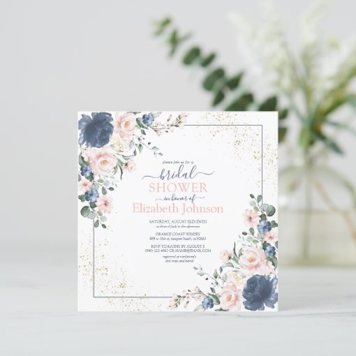 Dusty Blue Blush Pink Gold Floral Square Shower Invitation Zazzle