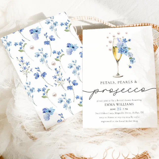 Dusty Blue Petals Pearls Prosecco Bridal Shower Invitation Zazzle