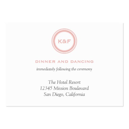 Dusty pink initials wedding reception enclosure business card templates (front side)