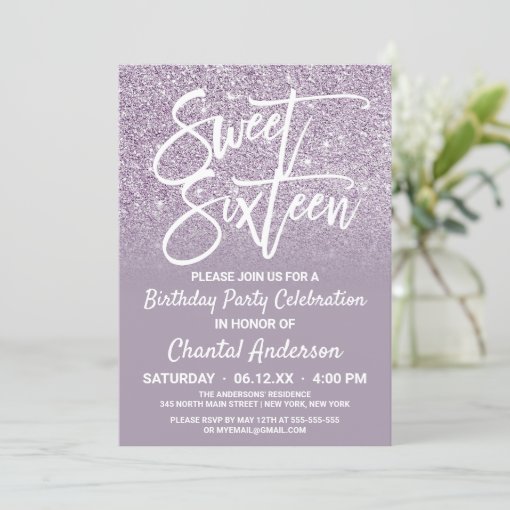 Dusty Purple Gray Faux Glitter Ombre Sweet Sixteen Invitation Zazzle