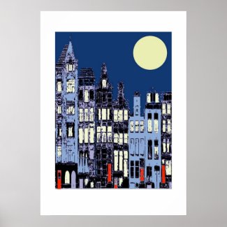 Dutch Town At Night Full Moon, Red Doors print