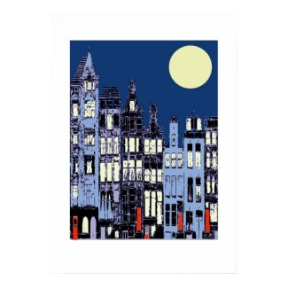 Dutch Town At Night Full Moon, Red Doors print