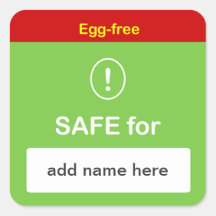 e4 - SAFE FOOD LABEL with Custom Name ~ EGG-FREE. Square Sticker