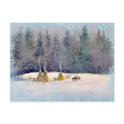 EARLY WINTER TIPI CAMP & SNOWFLAKES Postcard
