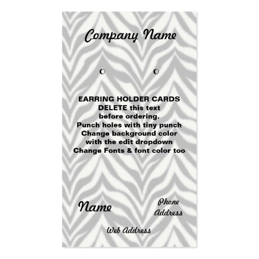 EARRING HOLDER Cards Custom business cards Zebra (front side)