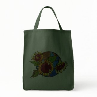 Earth Day Sunflower Bag for groceries, shopping, beach bags and books available in organic, green, navy blue and black