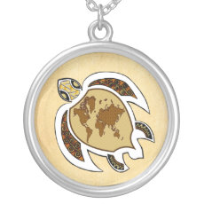 Earth Day Turtle World On Shell Silver Necklace necklace