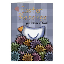 Easter Blessings -Primitive Chicken and Daisies Greeting Cards