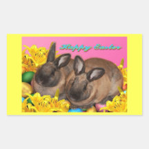 Easter Bunny, Easter Eggs & Easter Lillies on Pink Rectangular Sticker