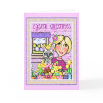 Easter Cat in Basket & Lady Greeting Card by jamiecreates1 Easter Cat in Basket & Lady Greeting Card