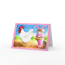 Easter cat in bunny suit and rooster greeting cards
