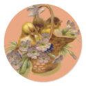 Easter-Chicks, Basket & Primroses-Antique Postcard sticker