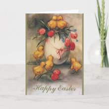 Easter Chicks Card - Vintage illustration Easter image featuring a flock of fluffy Easter chicks with an Easter egg and red tulips. Text reads 'Happy Easter.'