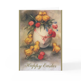 Easter Chicks Card - Vintage illustration Easter image featuring a flock of fluffy Easter chicks with an Easter egg and red tulips. Text reads 'Happy Easter.'