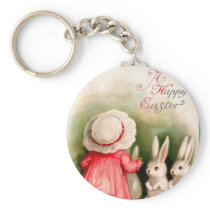 Easter ~ Cute Girl in Pink Dress & Bunnies Keys Key Chain