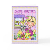 Easter Gift Basket Cat & Lady Greeting Card