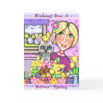 Easter Gift Basket Cat & Lady Greeting Card by jamiecreates1 Easter Gift Basket Cat & Lady Greeting Card