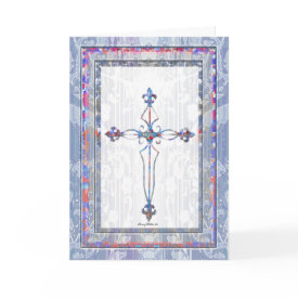 Elegant Easter Cross Greeting Card - Pretty Easter greeting card, with a pastel cross done on a white damask style background and pastel frame. A bible verse and greetings on the inside.