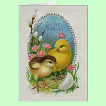 Easter Greetings Yellow Chicks Flowers cards