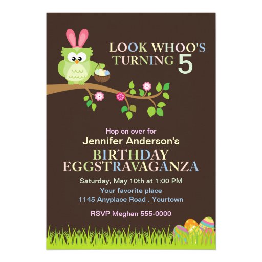 Easter Owl with Bunny Ears Birthday Invitation (front side)