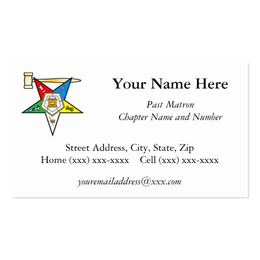 Eastern Star Past Matron Business Card (front side)