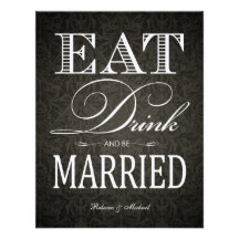 Eat Drink and be Married - Black and Gray Damask Announcements