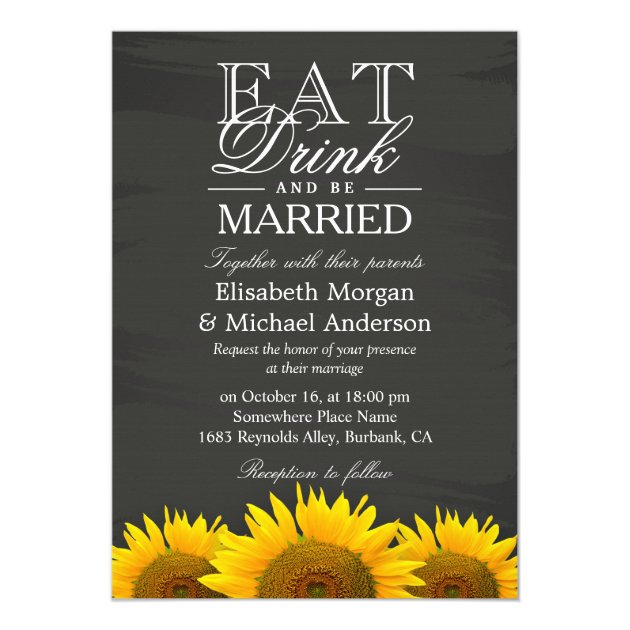EAT Drink and Be Married Chalkboard Sunflowers Card (front side)
