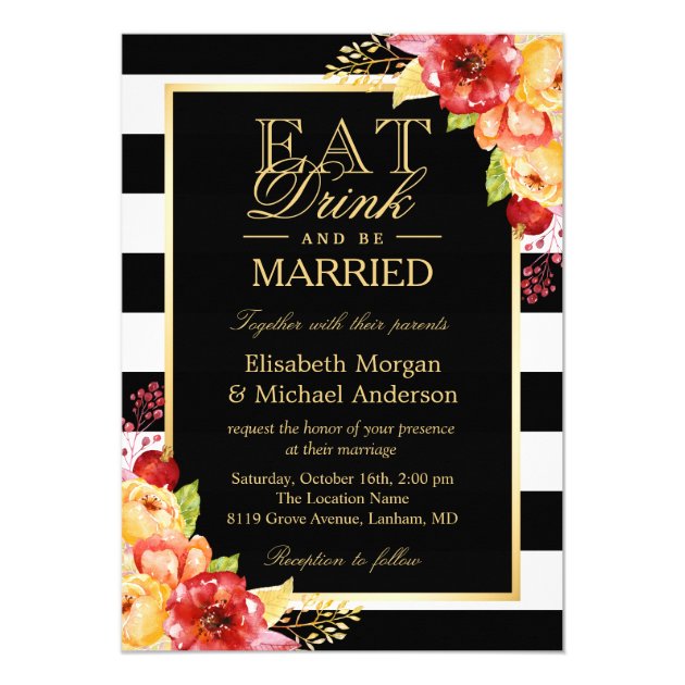 EAT Drink and Be Married Gold Autumn Fall Wedding Card (front side)
