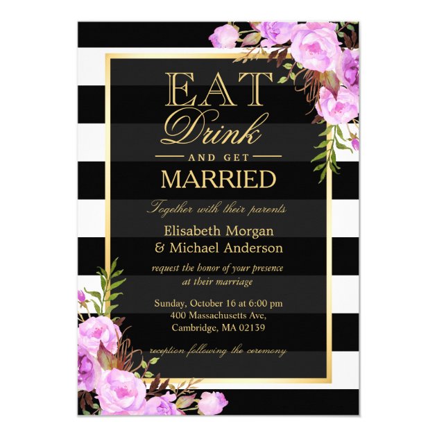 EAT Drink and Be Married Purple Floral Wedding Card