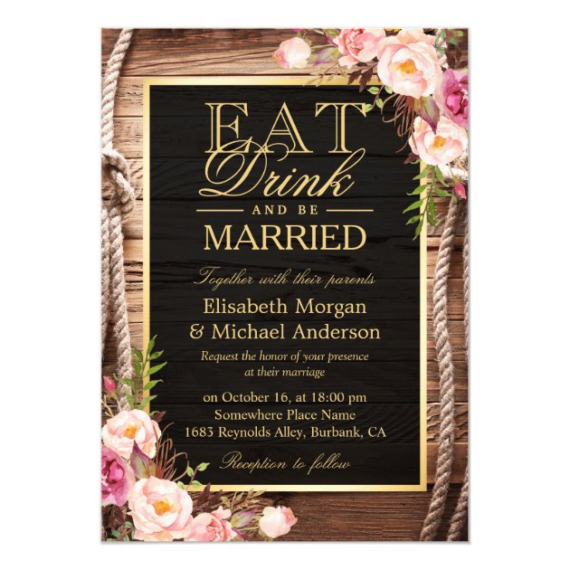 EAT Drink and Be Married Rustic Wood Knot Floral Card