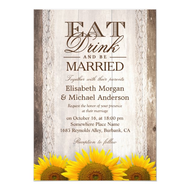 EAT Drink and Be Married Rustic Wood Sunflower 5x7 Paper Invitation Card
