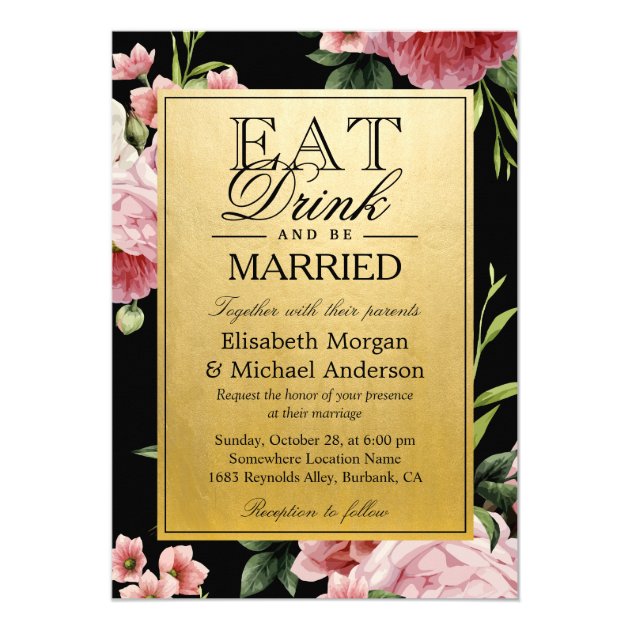 EAT Drink and Be Married Vintage Floral Gold Card (front side)
